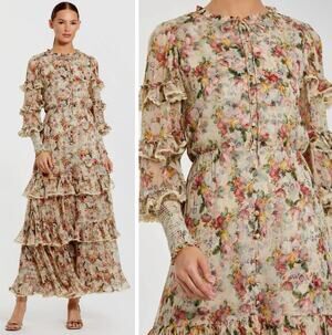 Mac Duggal 8334 Floral Tiered Ruffle Maxi Dress Beige Long Sleeve Size 14 NWT